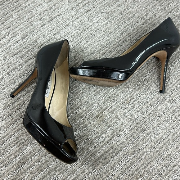 Jimmy Choo Black Patent Leather Luna Peep Toe Platform Heels 38.5/ 8.5 - Picture 3 of 14